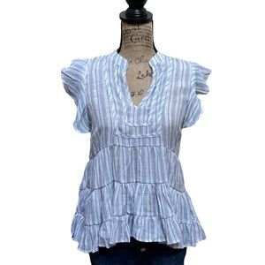 Blu pepper blue/ white striped ruffled short sleeve top